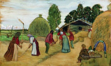  Kustodiev Art Painting - threshing 1908 Boris Mikhailovich Kustodiev